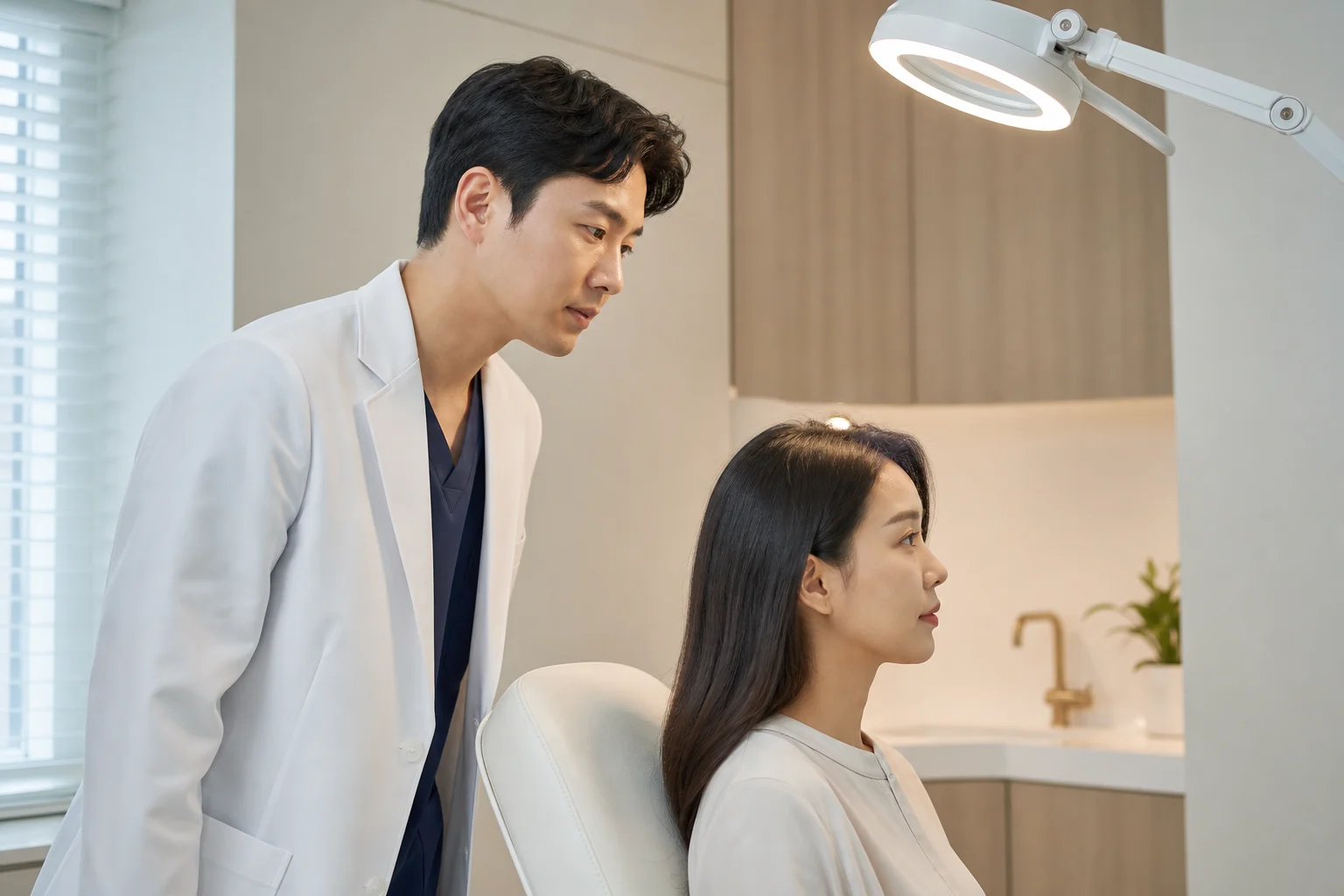 탈모 전문 병원 방문 전 질문을 정리하는 장면