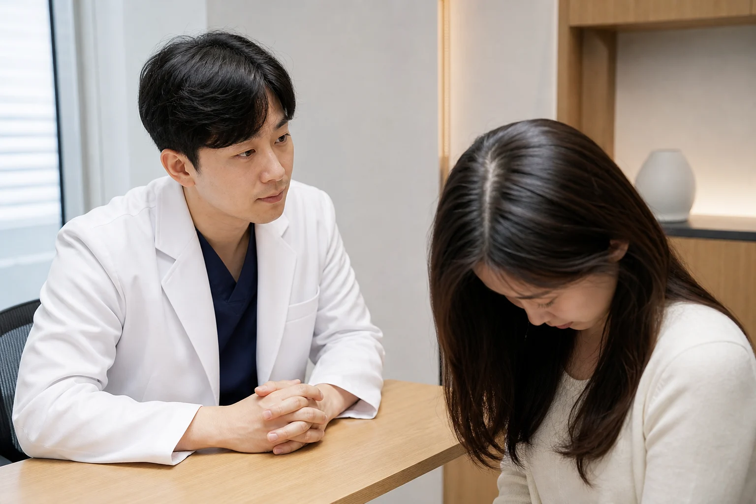 탈모 치료 병원 방문 전 질문을 정리하는 장면