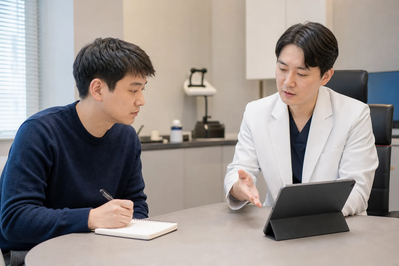정수리 탈모 병원 정보를 확인하는 상담 준비 장면