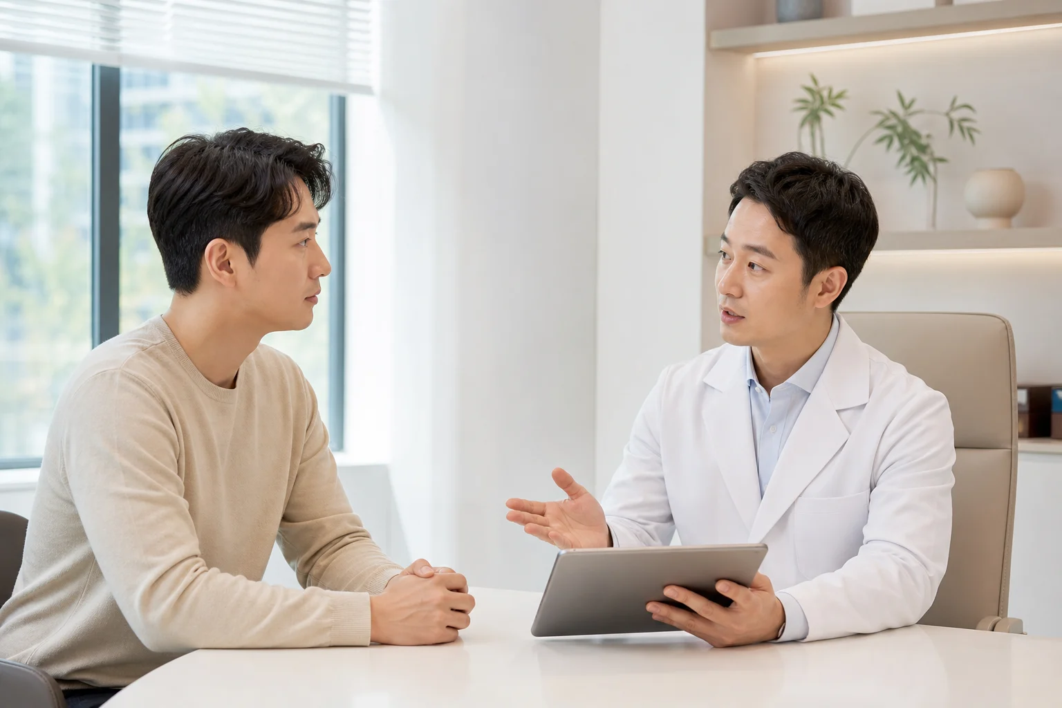탈모 병원 진료를 준비하는 한국인 상담 장면